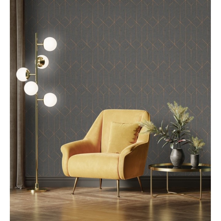 Papel pintado geométrico de líneas metalizadas gris oscuro estilo Art déco - Ameka Metric 681818