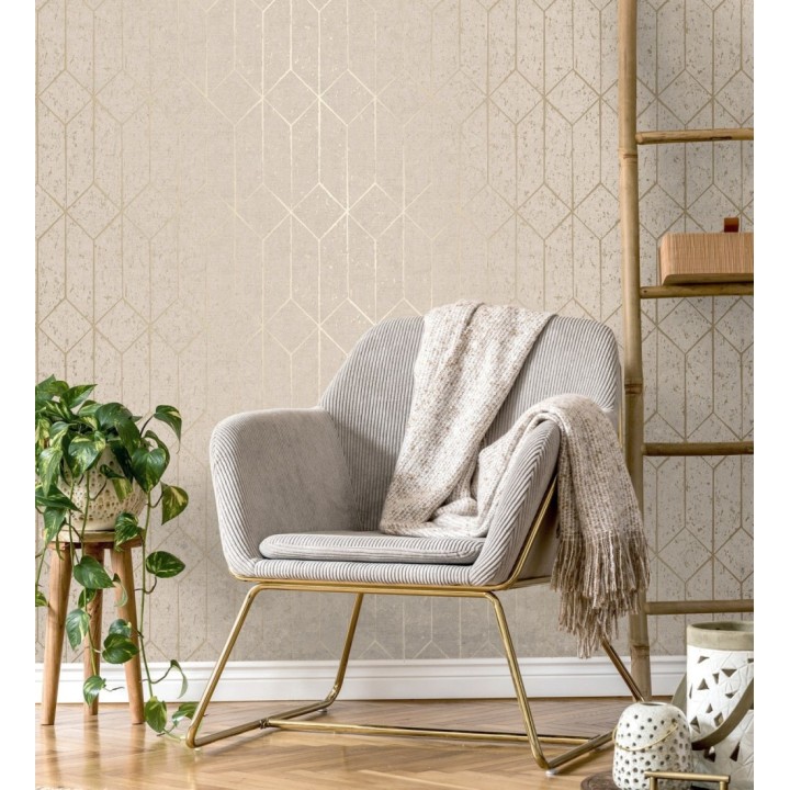 Papel pintado geométrico de líneas doradas fondo beige estilo Art déco - Ameka Metric 681819