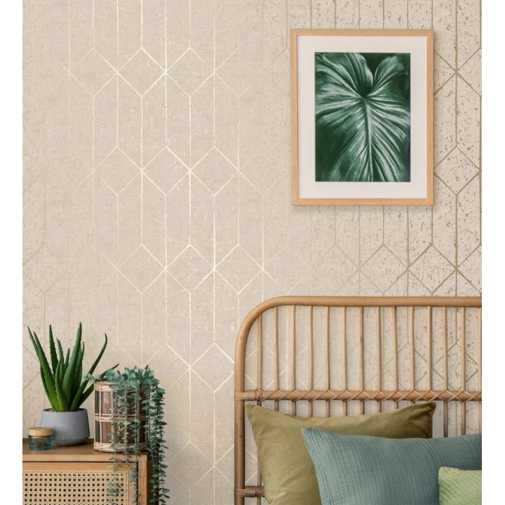Papel pintado geométrico de líneas doradas fondo beige estilo Art déco - Ameka Metric 681819