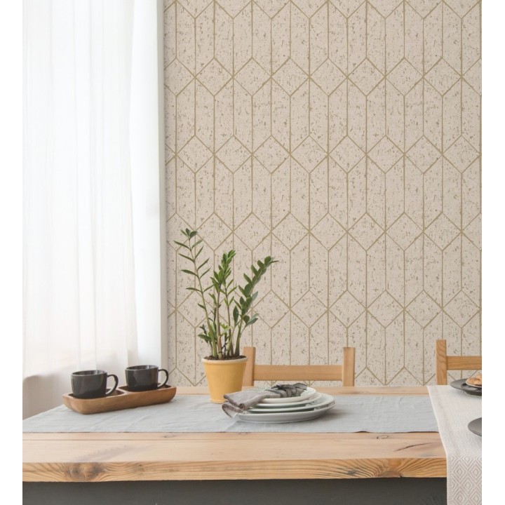 Papel pintado geométrico de líneas doradas fondo beige estilo Art déco - Ameka Metric 681819