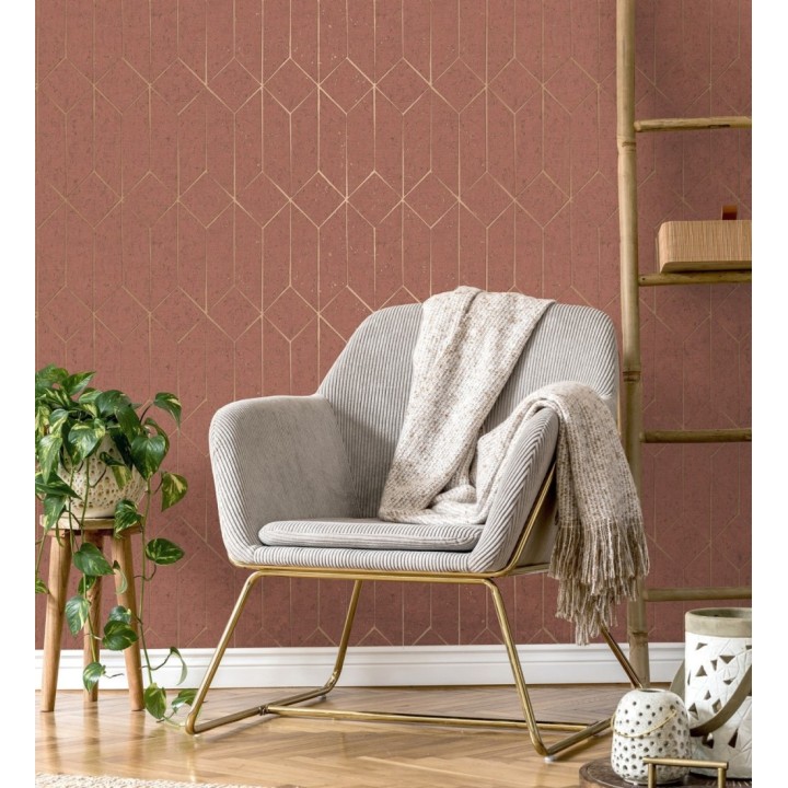 Papel pintado geométrico de líneas doradas fondo rojo terracota estilo Art déco - Ameka Metric 681820