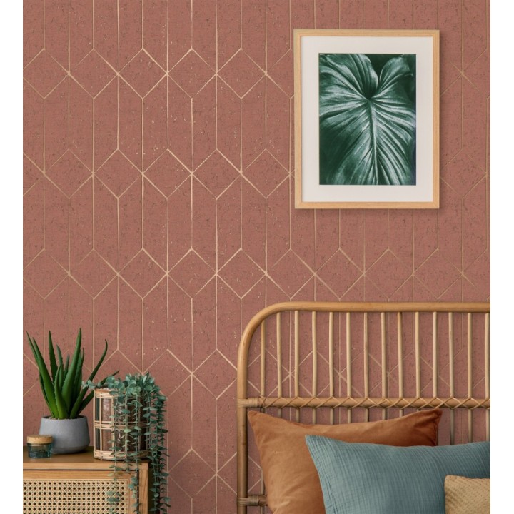 Papel pintado geométrico de líneas doradas fondo rojo terracota estilo Art déco - Ameka Metric 681820