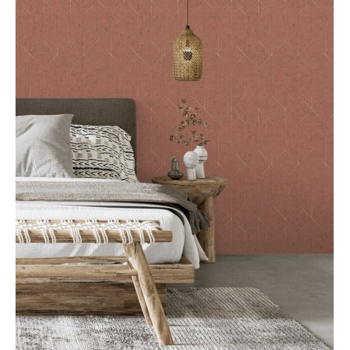 Papel pintado geométrico de líneas doradas fondo rojo terracota estilo Art déco - Ameka Metric 681820