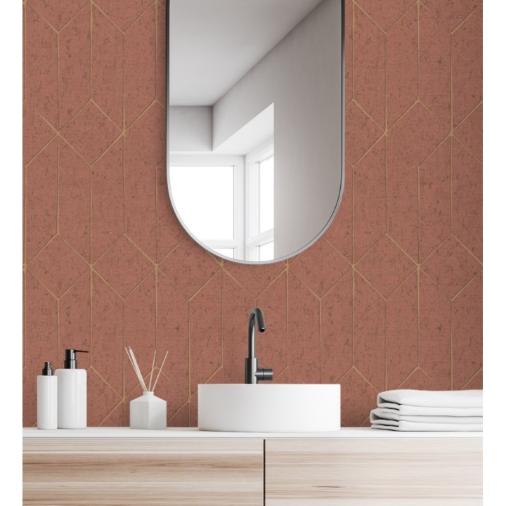 Papel pintado geométrico de líneas doradas fondo rojo terracota estilo Art déco - Ameka Metric 681820