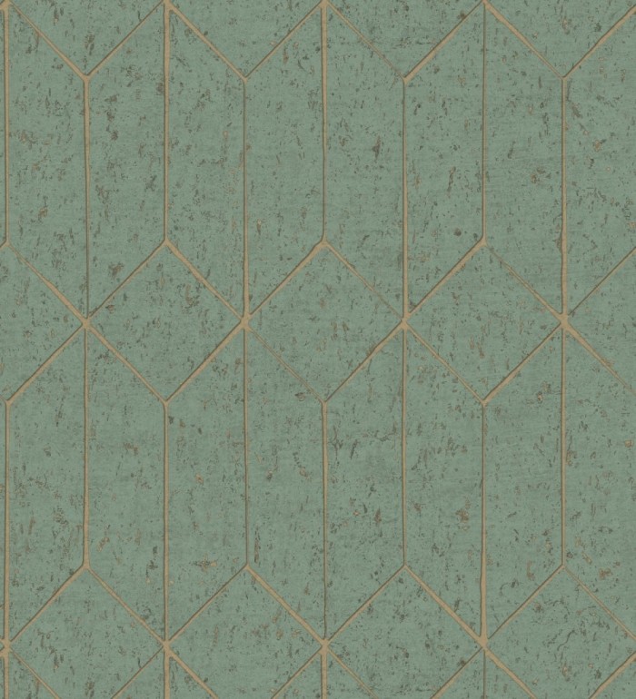 Papel pintado geométrico de líneas doradas fondo verde esmeralda estilo Art déco - Ameka Metric 681821