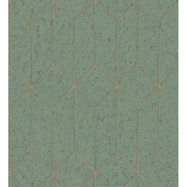 Papel pintado geométrico de líneas doradas fondo verde esmeralda estilo Art déco - Ameka Metric 681821