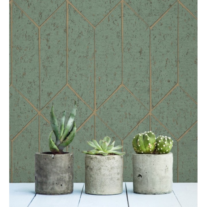 Papel pintado geométrico de líneas doradas fondo verde esmeralda estilo Art déco - Ameka Metric 681821