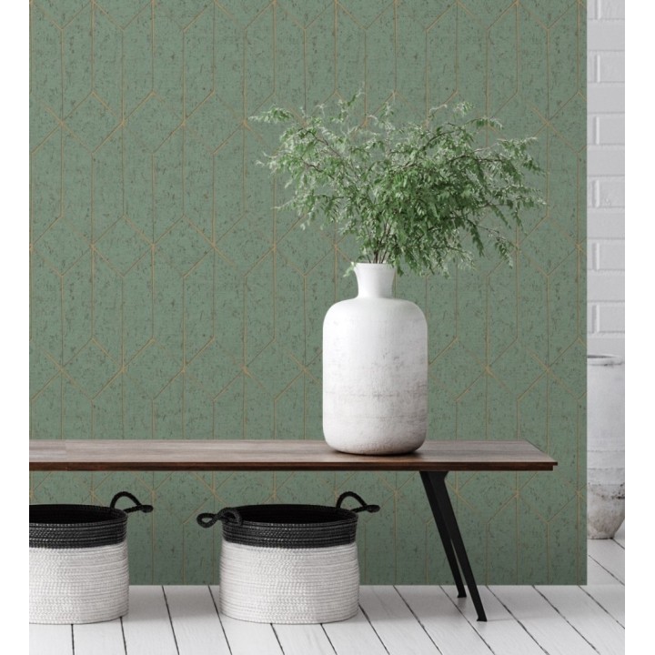 Papel pintado geométrico de líneas doradas fondo verde esmeralda estilo Art déco - Ameka Metric 681821