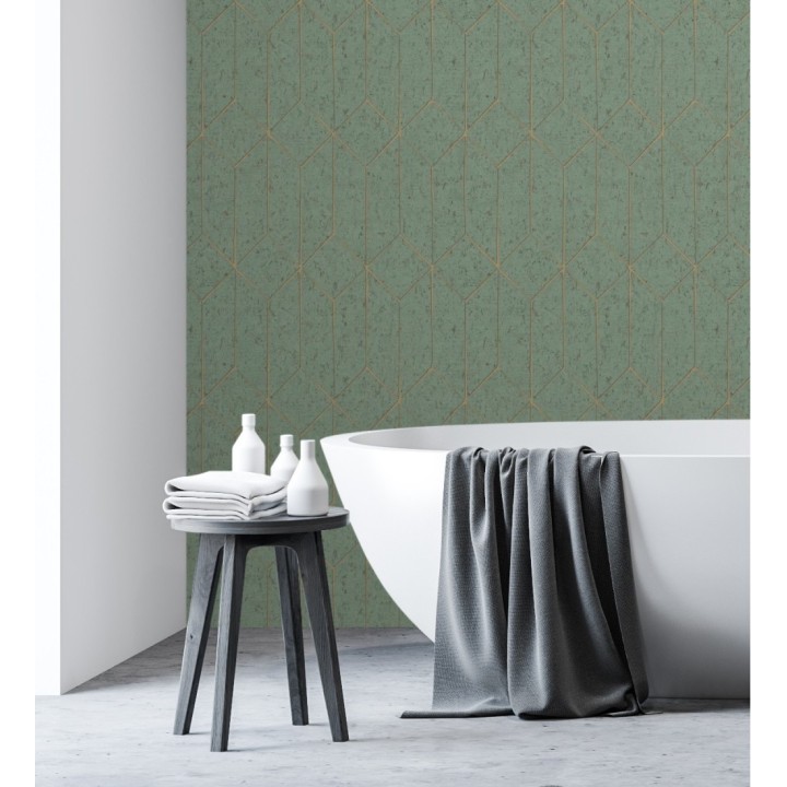 Papel pintado geométrico de líneas doradas fondo verde esmeralda estilo Art déco - Ameka Metric 681821