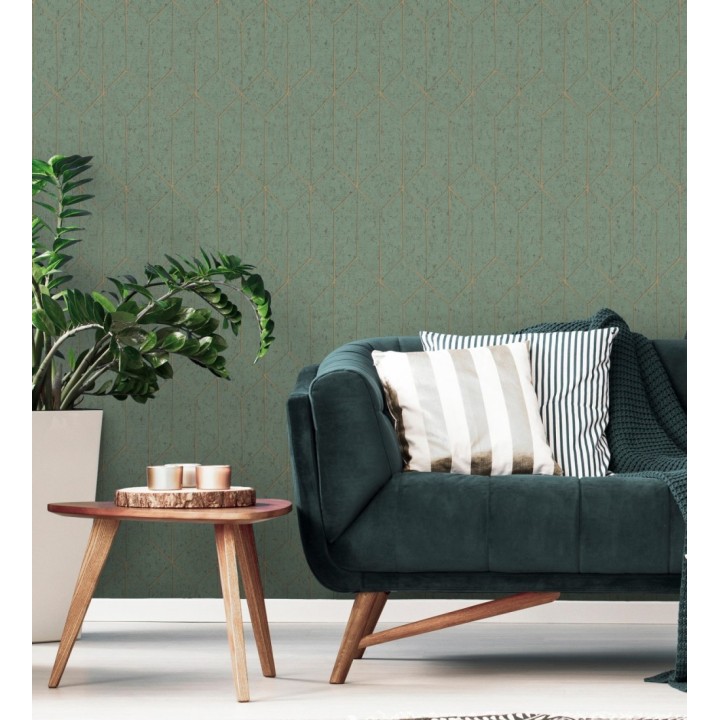 Papel pintado geométrico de líneas doradas fondo verde esmeralda estilo Art déco - Ameka Metric 681821