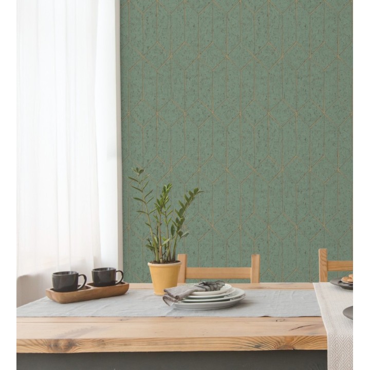 Papel pintado geométrico de líneas doradas fondo verde esmeralda estilo Art déco - Ameka Metric 681821