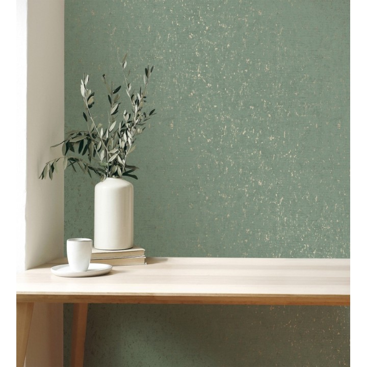 Papel pintado textura de corcho con inserciones doradas color verde esmeralda - Ameka 681826