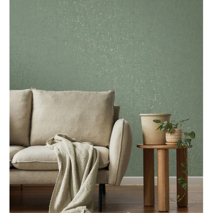 Papel pintado textura de corcho con inserciones doradas color verde esmeralda - Ameka 681826