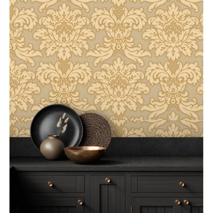 Papel pintado damasco beige fondo dorado metalizado - Silvio Leone 122373