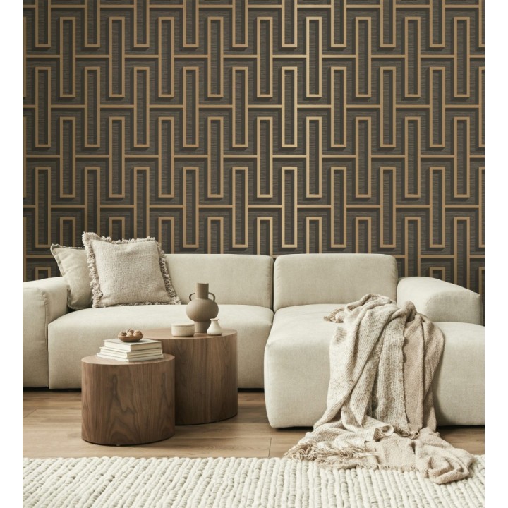 Papel pintado diseño de laberinto y fibras de cáñamo marrón oscuro con textura - Sisay Metric 681839