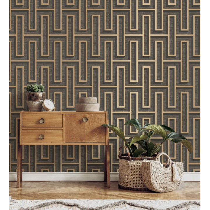 Papel pintado diseño de laberinto y fibras de cáñamo marrón oscuro con textura - Sisay Metric 681839