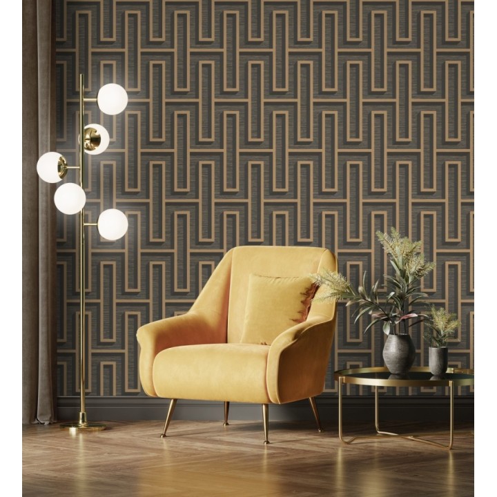 Papel pintado diseño de laberinto y fibras de cáñamo marrón oscuro con textura - Sisay Metric 681839