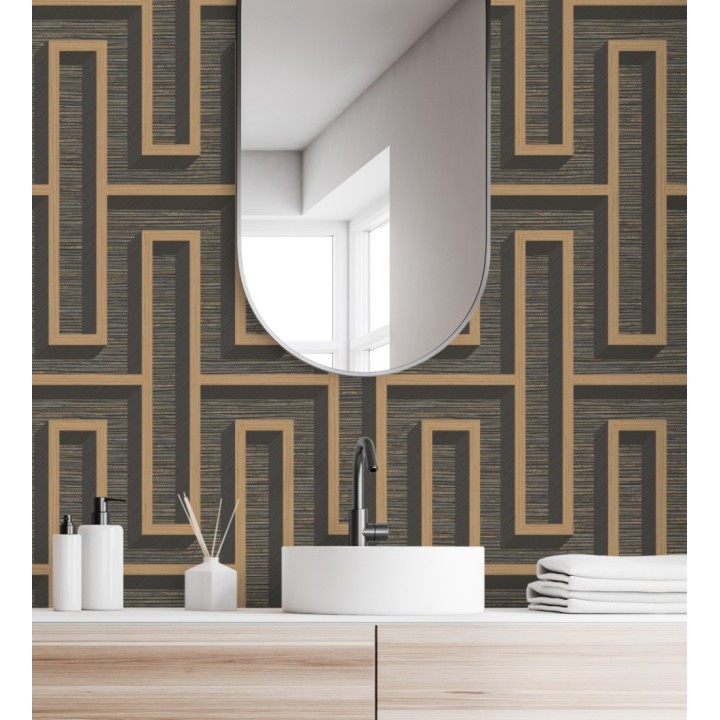 Papel pintado diseño de laberinto y fibras de cáñamo marrón oscuro con textura - Sisay Metric 681839