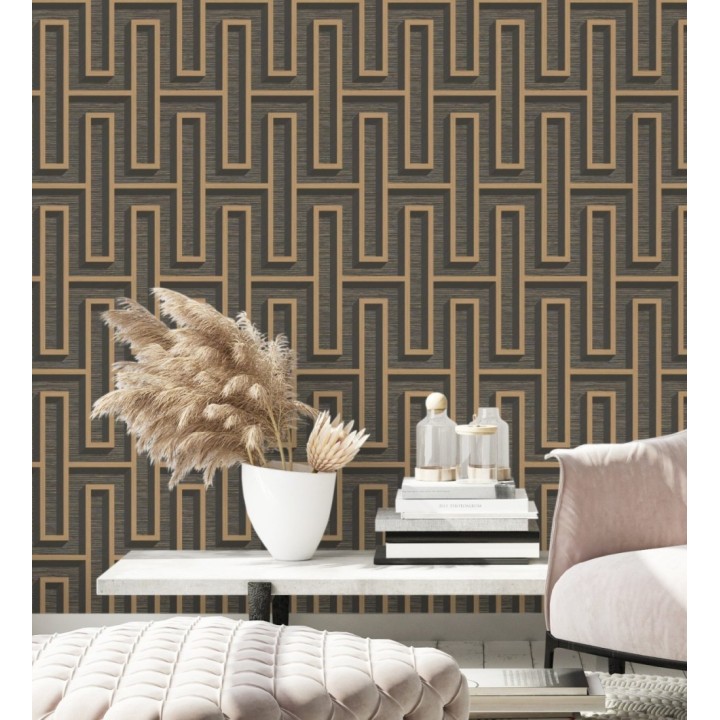 Papel pintado diseño de laberinto y fibras de cáñamo marrón oscuro con textura - Sisay Metric 681839