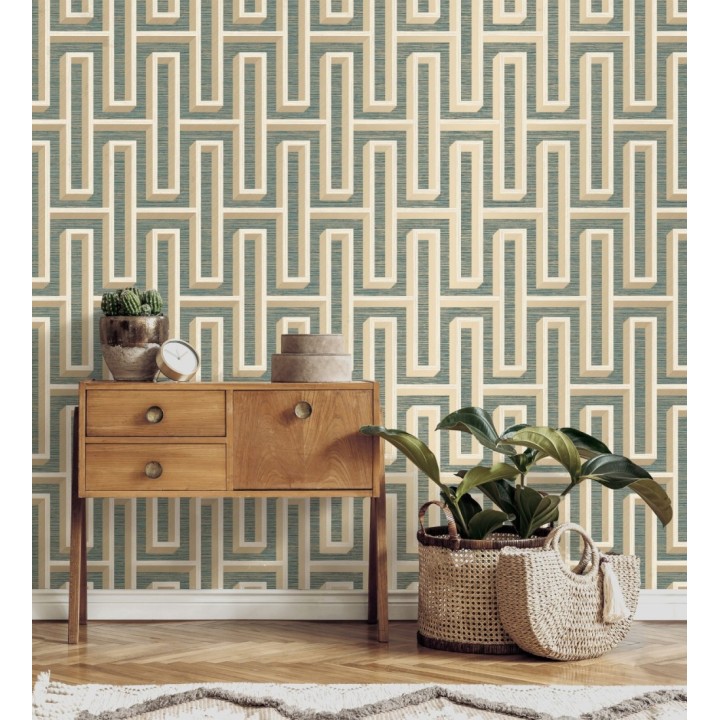 Papel pintado diseño de laberinto y fibras de cáñamo fondo verde con textura - Sisay Metric 681840