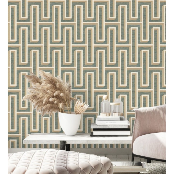 Papel pintado diseño de laberinto y fibras de cáñamo fondo verde con textura - Sisay Metric 681840