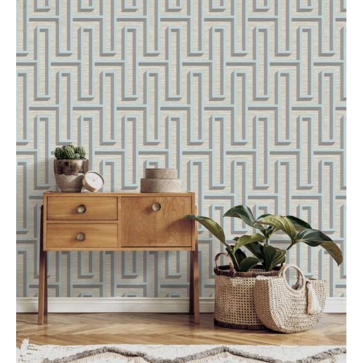 Papel pintado diseño de laberinto y fibras de cáñamo fondo verde agua con textura - Sisay Metric 681841