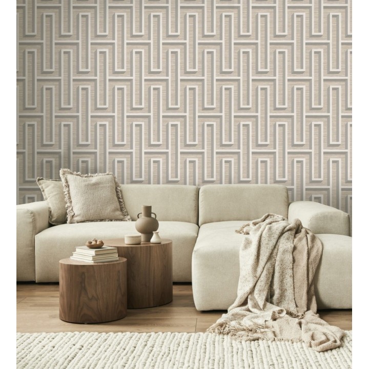 Papel pintado diseño de laberinto y fibras de cáñamo beige tostado con textura - Sisay Metric 681842