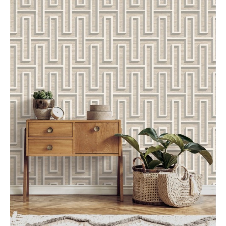 Papel pintado diseño de laberinto y fibras de cáñamo beige tostado con textura - Sisay Metric 681842