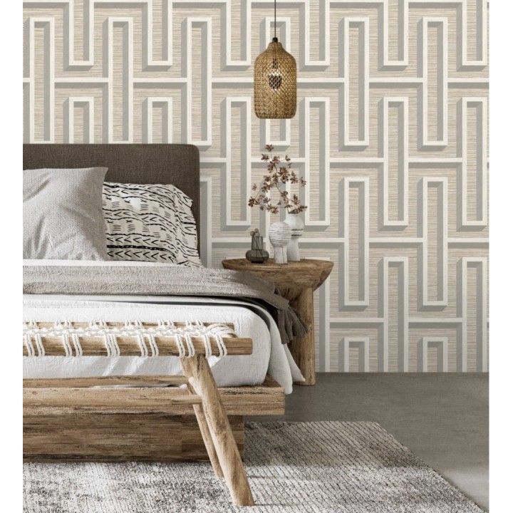 Papel pintado diseño de laberinto y fibras de cáñamo beige tostado con textura - Sisay Metric 681842