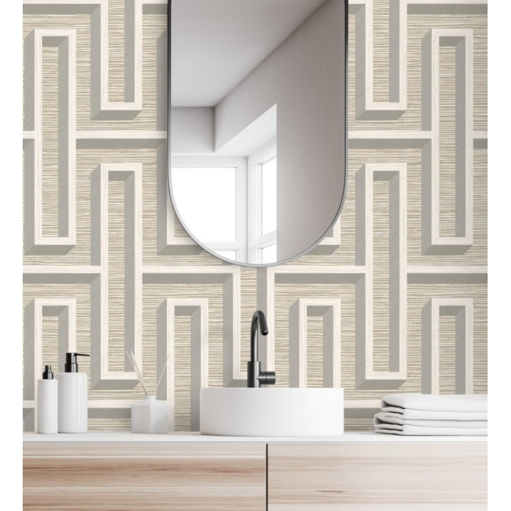Papel pintado diseño de laberinto y fibras de cáñamo beige tostado con textura - Sisay Metric 681842