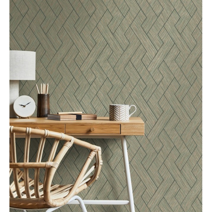 Papel pintado figuras entrelazadas de fibras de cáñamo verde con textura - Sisay Braided 681843