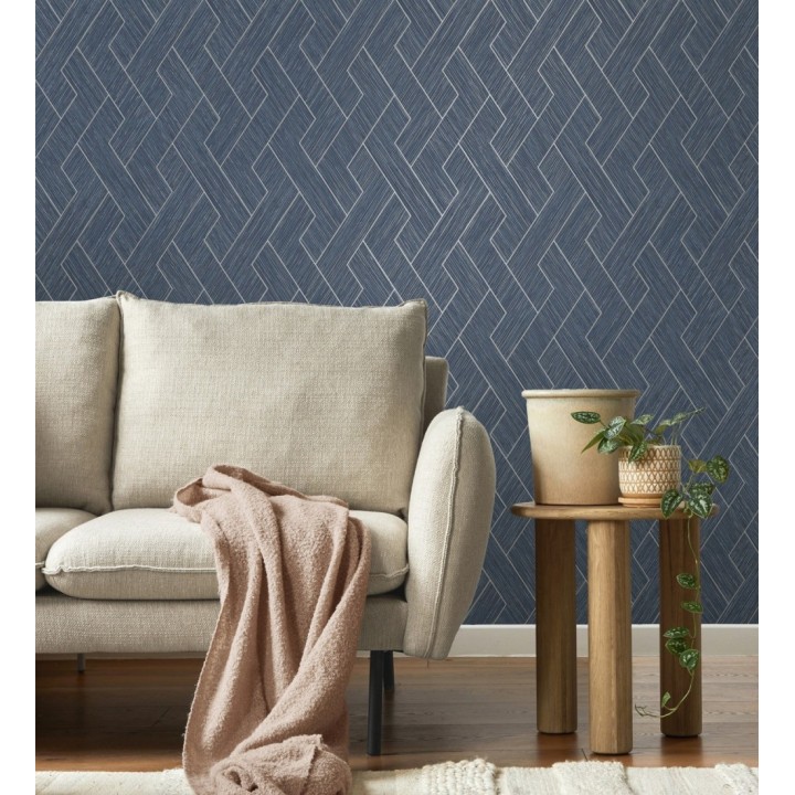 Papel pintado figuras entrelazadas de fibras de cáñamo azul con textura - Sisay Braided 681844