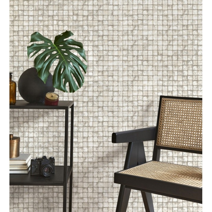 Papel pintado mosaicos de madera natural teñido en blanco roto - Baako 681871