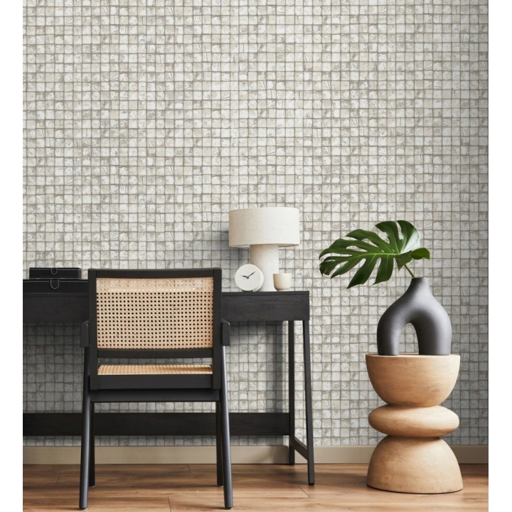Papel pintado mosaicos de madera natural teñido en blanco roto - Baako 681871