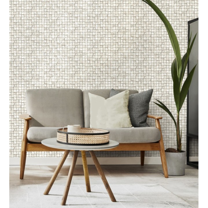 Papel pintado mosaicos de madera natural teñido en blanco roto - Baako 681871