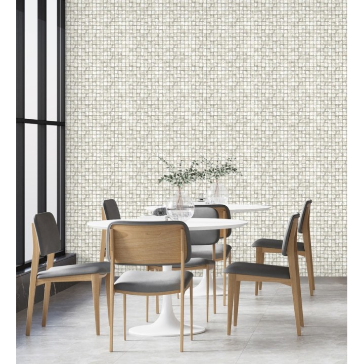 Papel pintado mosaicos de madera natural teñido en blanco roto - Baako 681871