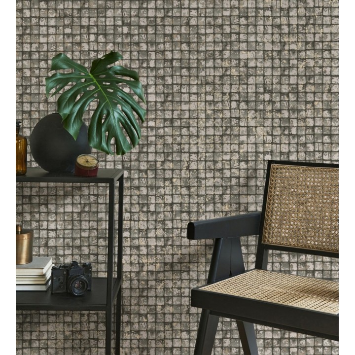 Papel pintado mosaicos de madera natural teñido en color pardo - Baako 681872