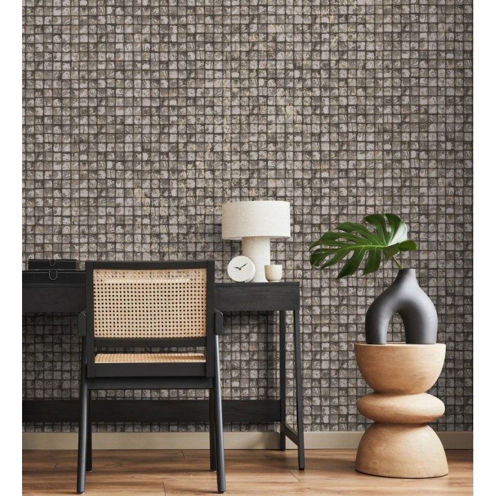Papel pintado mosaicos de madera natural teñido en color pardo - Baako 681872