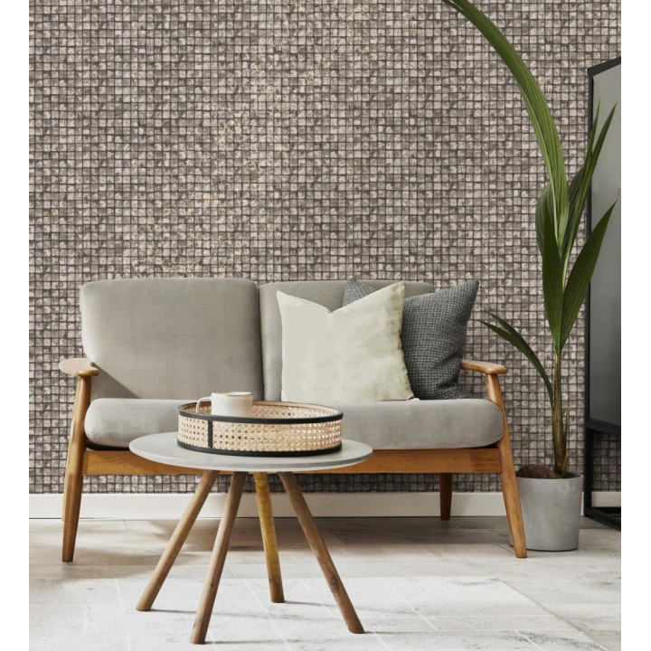 Papel pintado mosaicos de madera natural teñido en color pardo - Baako 681872
