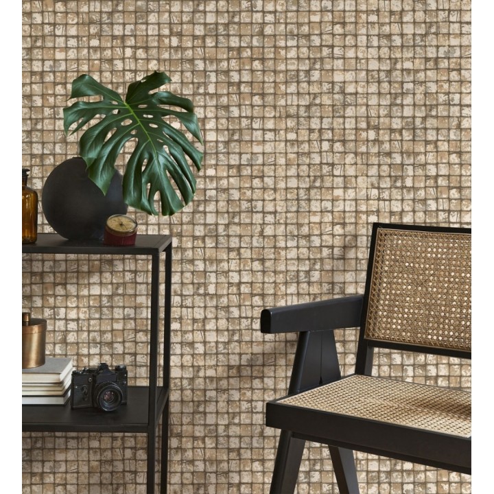 Papel pintado mosaicos de madera natural teñido en color camel - Baako 681873