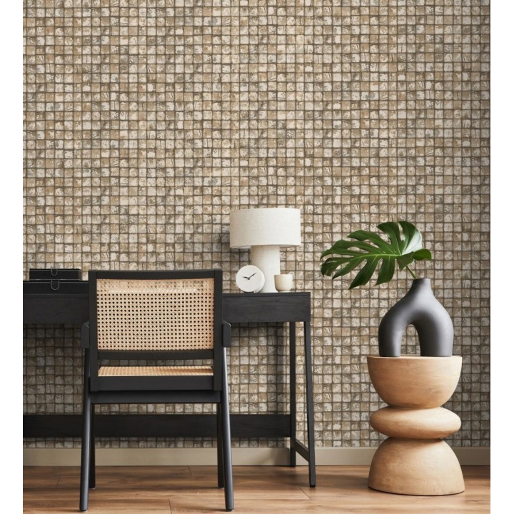 Papel pintado mosaicos de madera natural teñido en color camel - Baako 681873