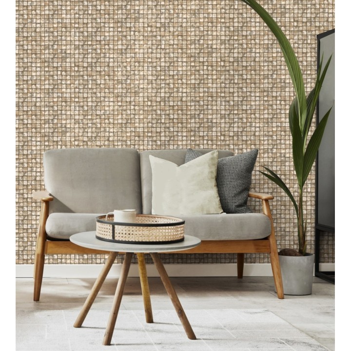 Papel pintado mosaicos de madera natural teñido en color camel - Baako 681873