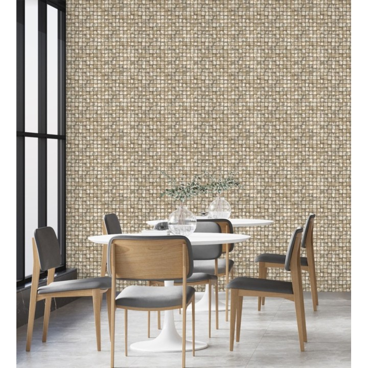 Papel pintado mosaicos de madera natural teñido en color camel - Baako 681873