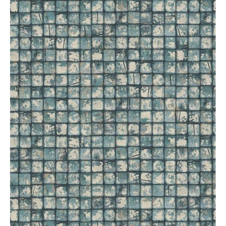 Papel pintado mosaicos de madera natural teñido en turquesa - Baako 681874