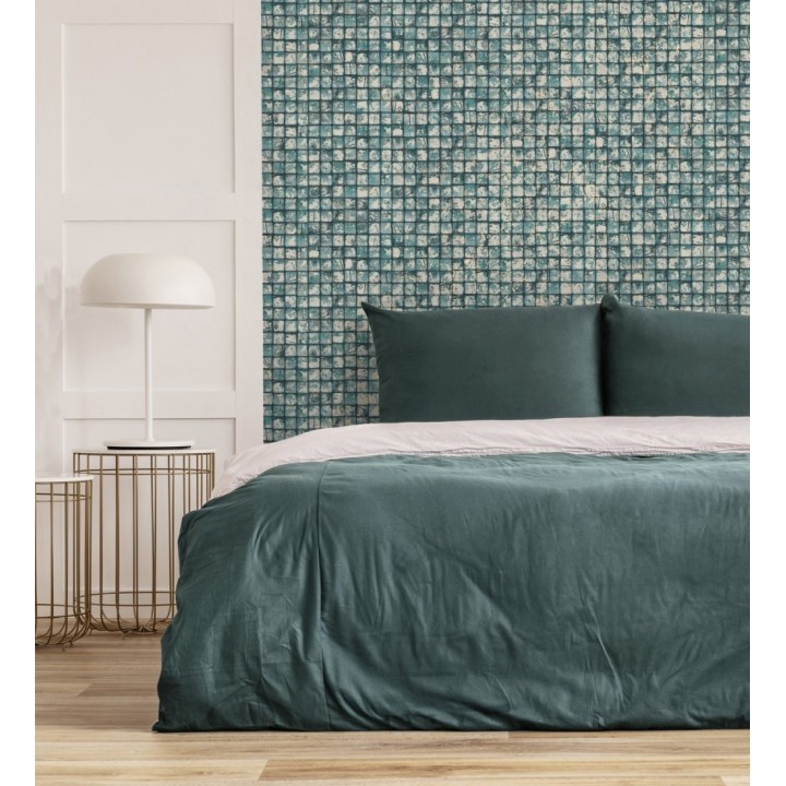 Papel pintado mosaicos de madera natural teñido en turquesa - Baako 681874