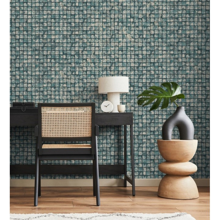Papel pintado mosaicos de madera natural teñido en turquesa - Baako 681874