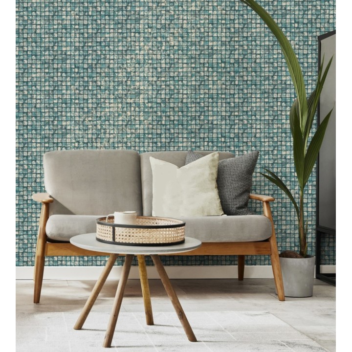 Papel pintado mosaicos de madera natural teñido en turquesa - Baako 681874