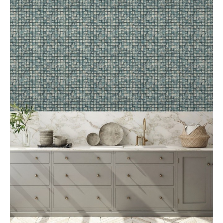 Papel pintado mosaicos de madera natural teñido en turquesa - Baako 681874