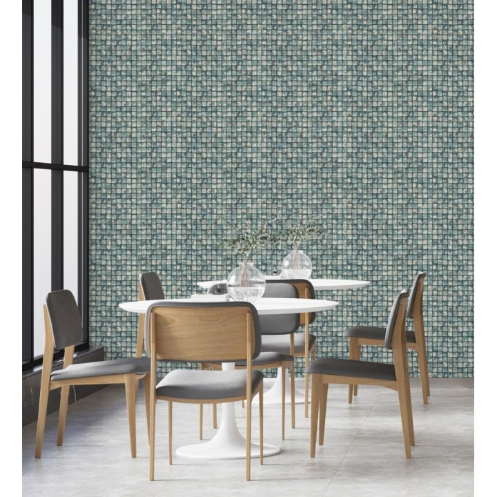 Papel pintado mosaicos de madera natural teñido en turquesa - Baako 681874