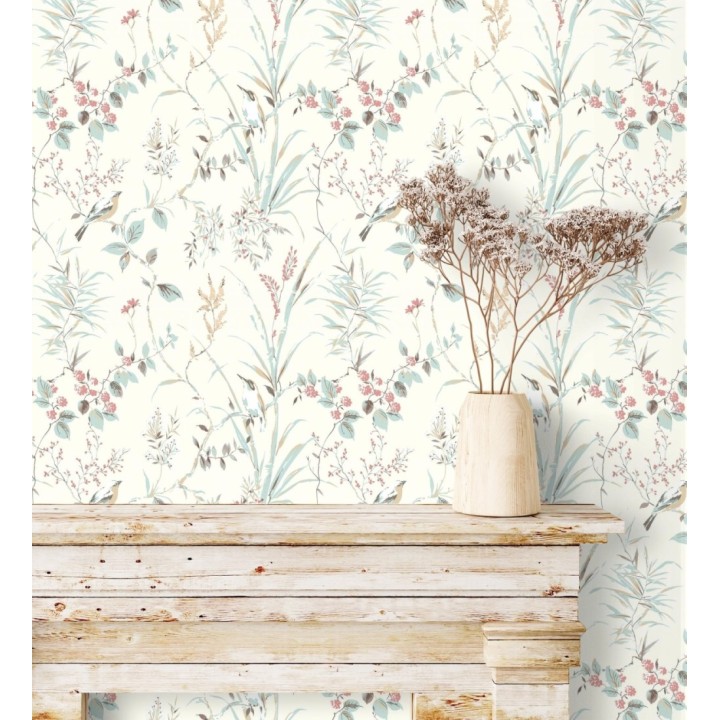 Papel pintado de ramas flores y pájaros estilo romántico fondo blanco - Alison Garden 681950